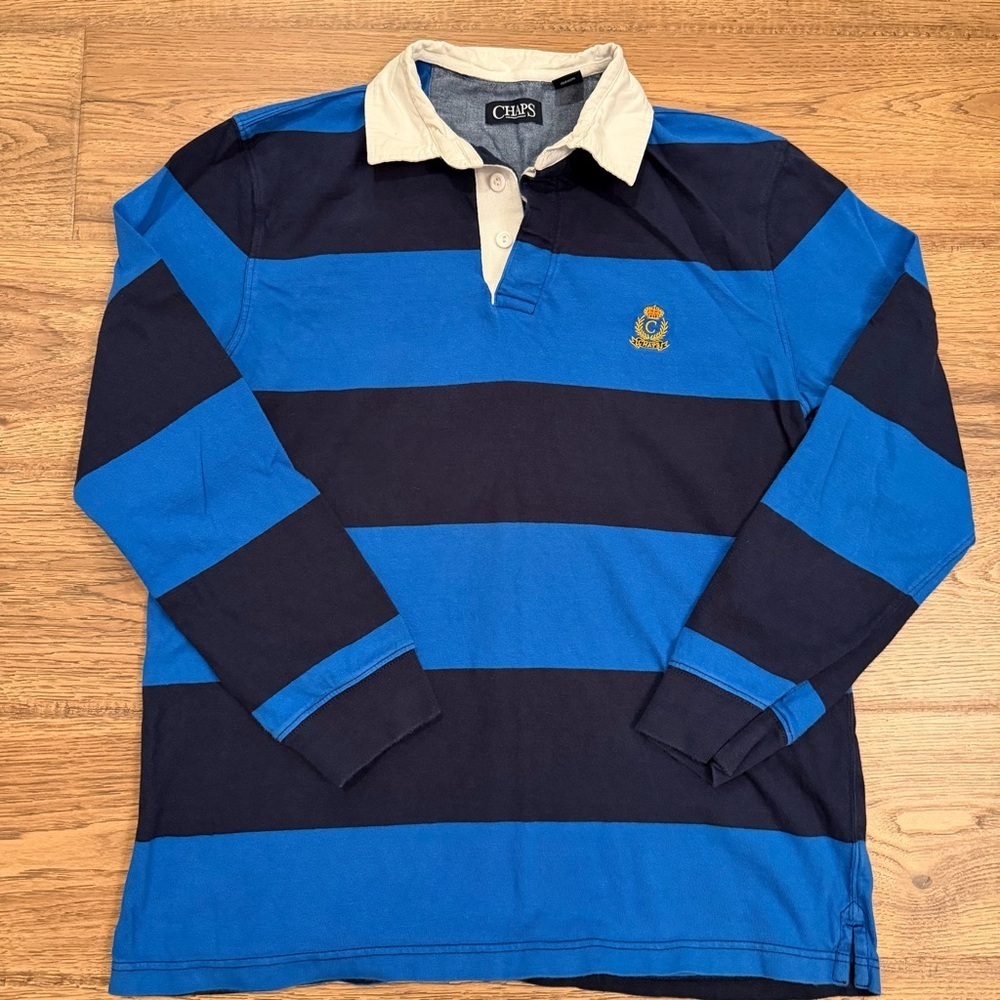 VTG Chaps Rugby Shirt Blue Navy Stripe White Collar Embroidered Logo Men's Large